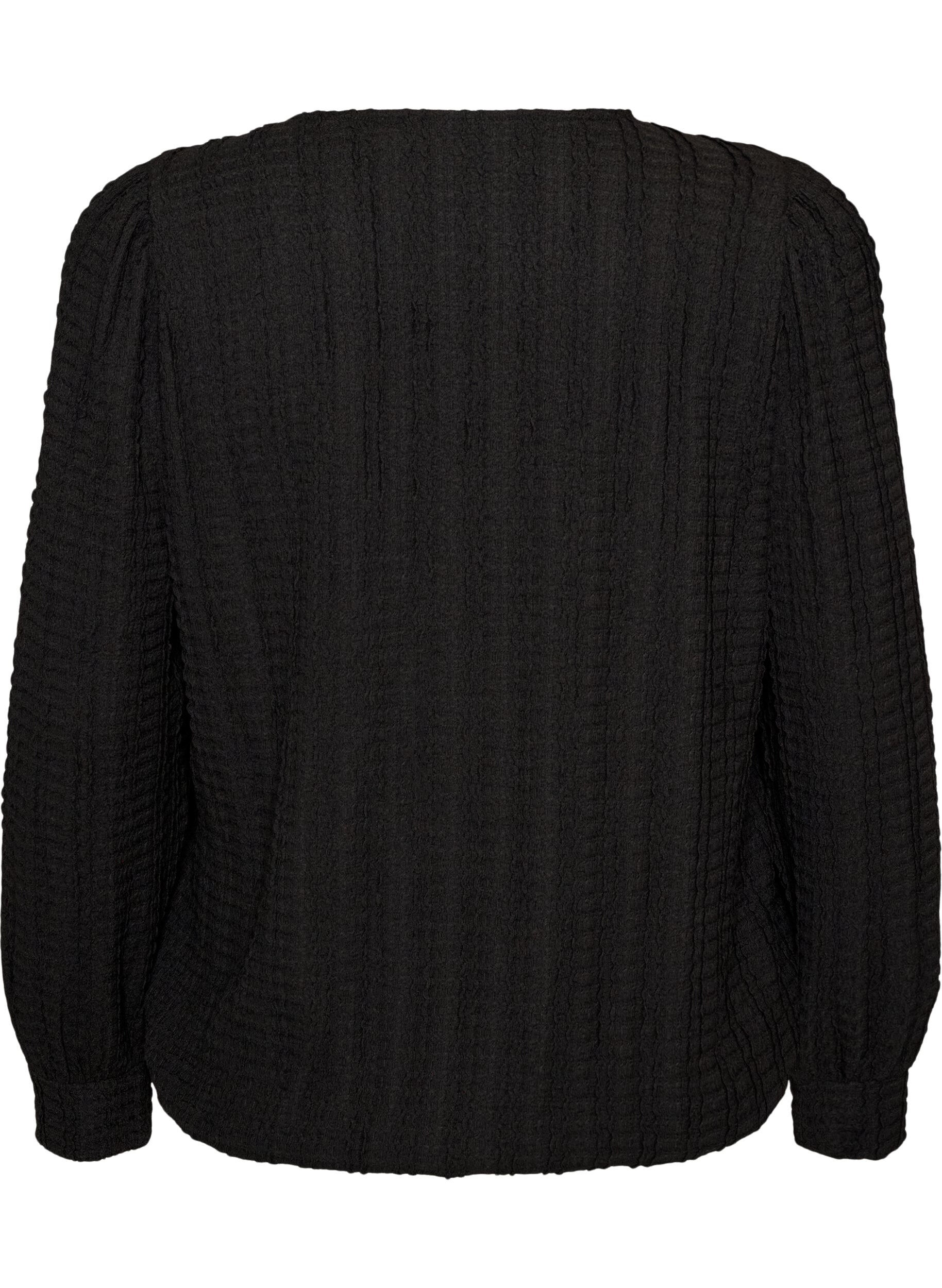 ZizziJerseybluse med struktur og ballonform, Sort, Packshot image number 1