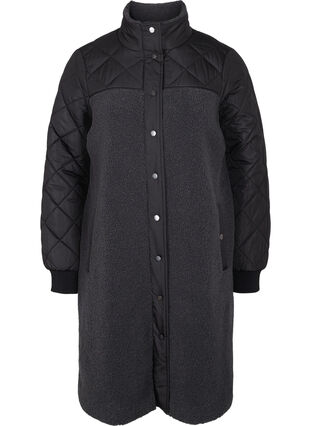Quiltet jakke med teddy og knaplukning, Black Comb, Packshot image number 0
