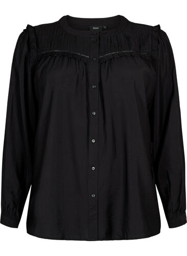 Skjortebluse med flæser og læg, Black, Packshot image number 0