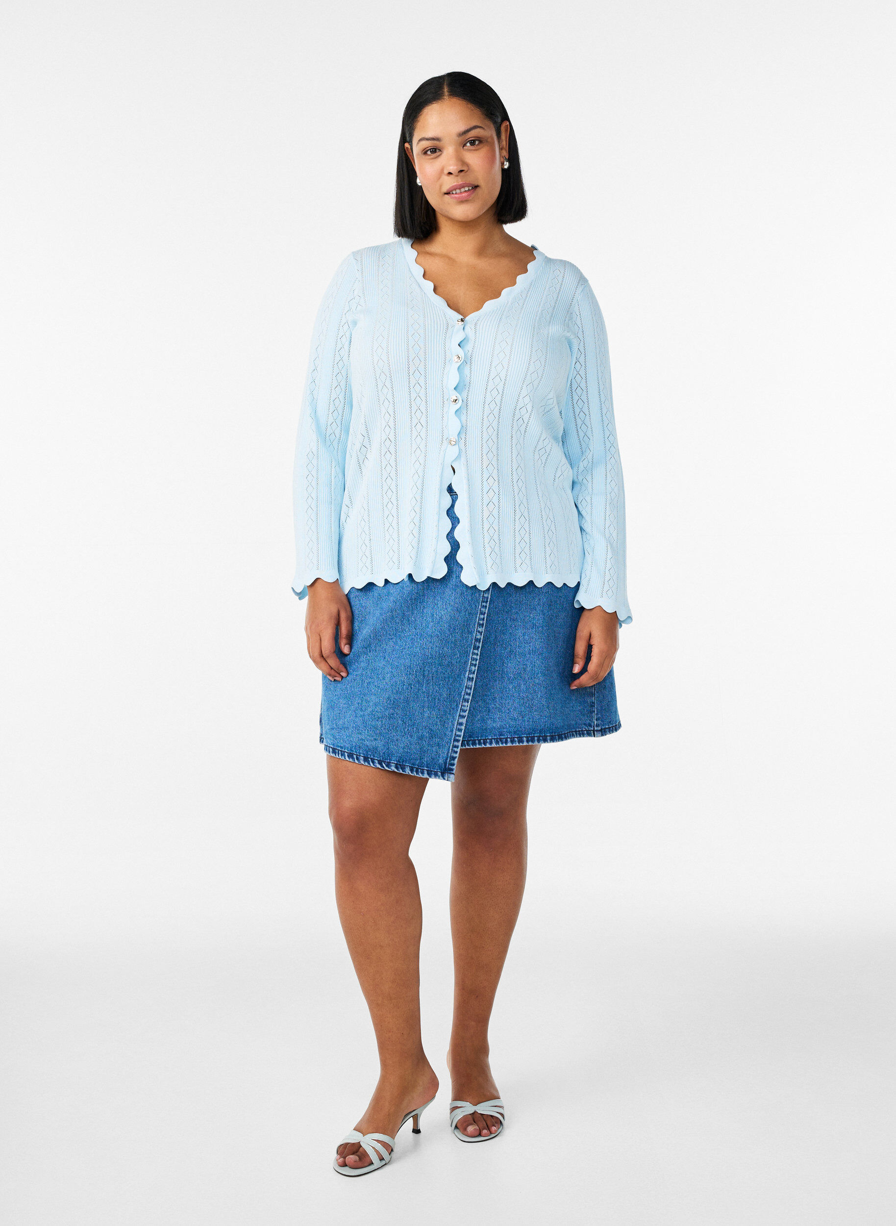 ZizziCardigan med hulm&oslash;nster og b&oslash;lgede kanter, Bl&aring;, Model image number 1