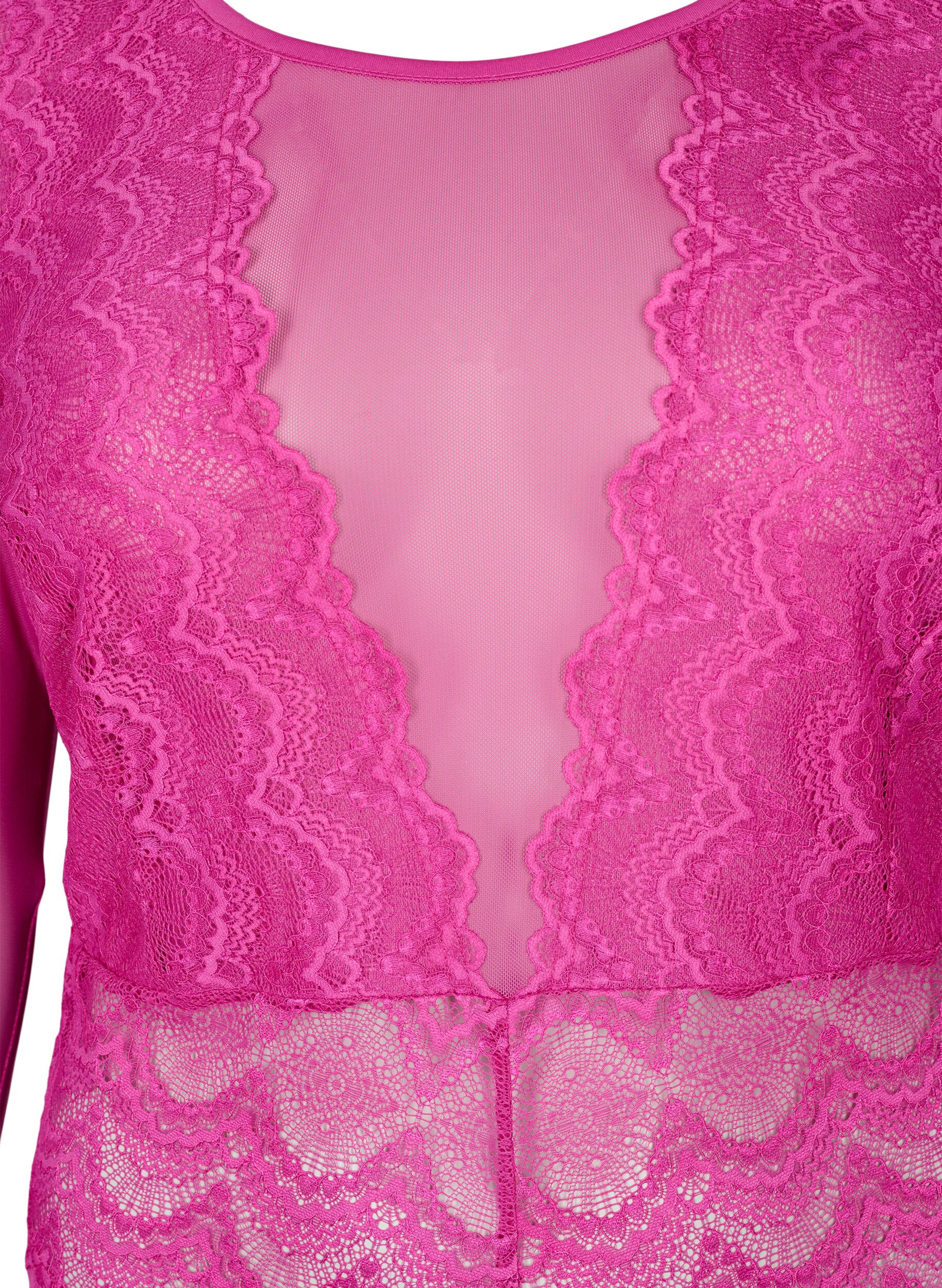 Zizzi Bodystocking med blonder og mesh, Fuchsia Red, Packshot image number 2