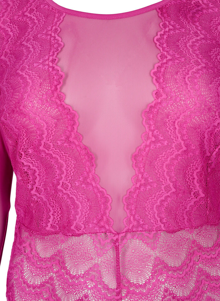 Bodystocking med blonder og mesh, Fuchsia Red, Packshot image number 2