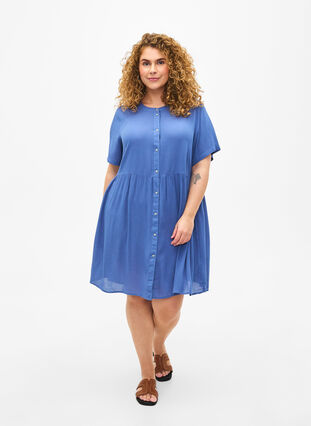 A-formet viskose kjole med korte ærmer, Moonlight Blue, Model image number 2