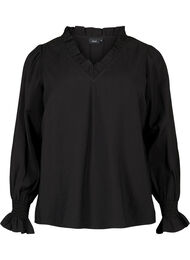 Langærmet viskosebluse med flæsedetaljer, Black
