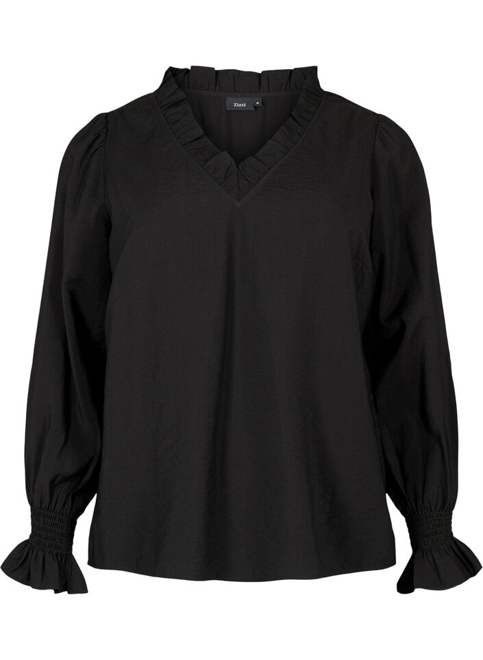 Langærmet viskosebluse med flæsedetaljer, Black, Packshot image number 0