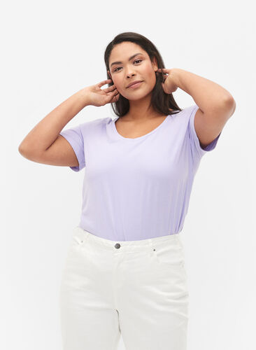 Ensfarvet basis t-shirt i bomuld, Lavender, Model image number 0