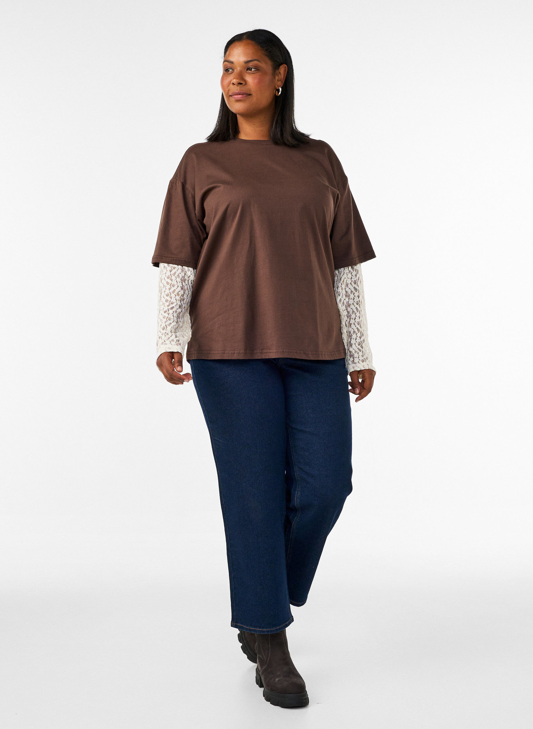 ZizziL&oslash;s t-shirt med lange blonde&aelig;rmer, Brun, Model image number 1