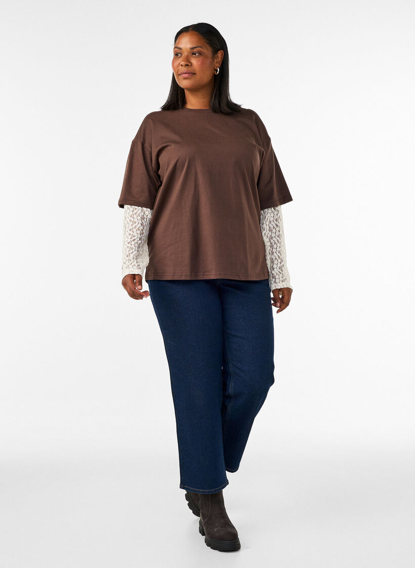 L&oslash;s t-shirt med lange blonde&aelig;rmer, Brun, Model image number 1