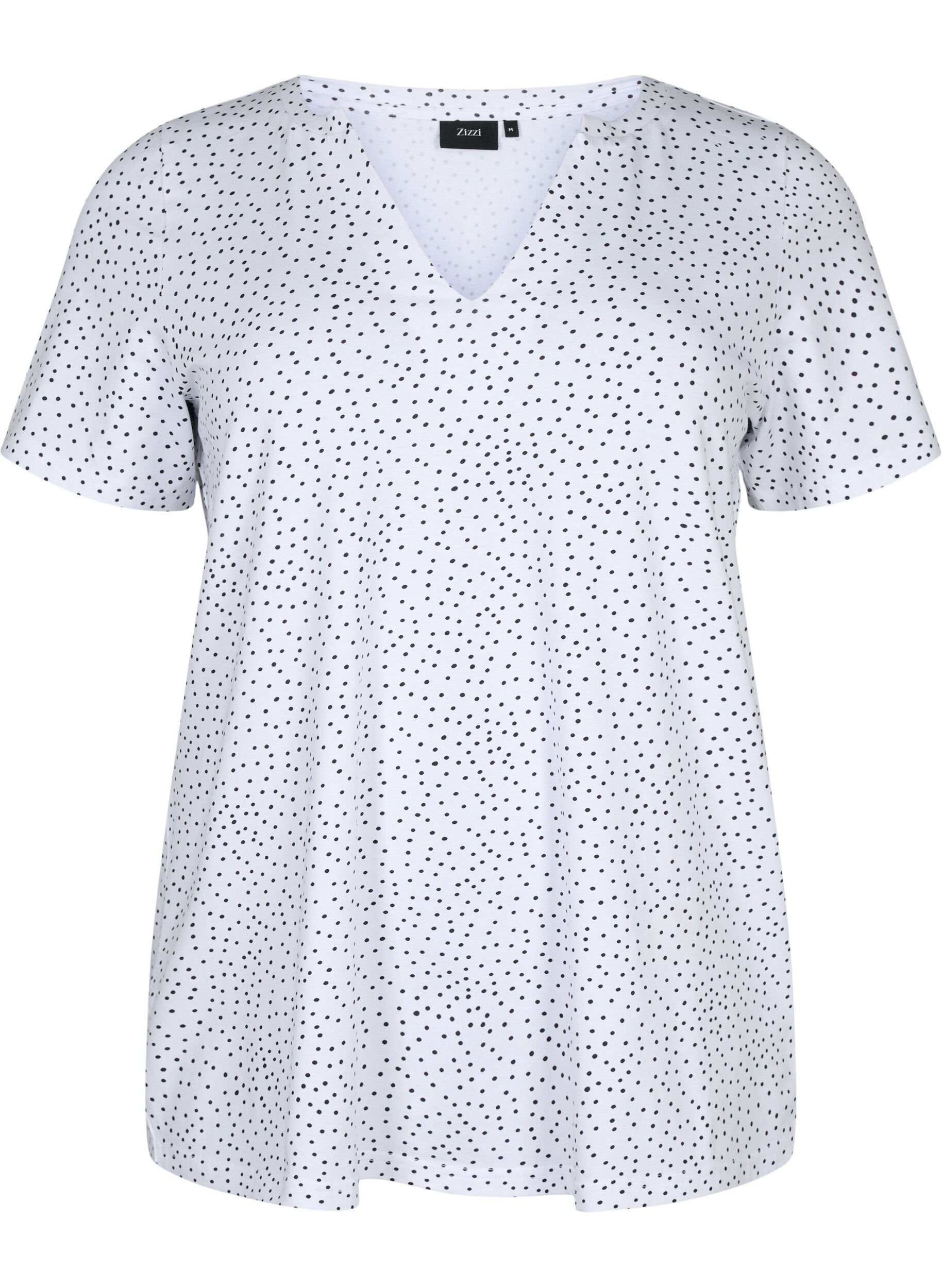Zizzi Bomulds t-shirt med prikker og v-hals, B.White/Black Dot, Packshot image number 0