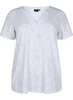 Bomulds t-shirt med prikker og v-hals, B.White/Black Dot, Packshot image number 0