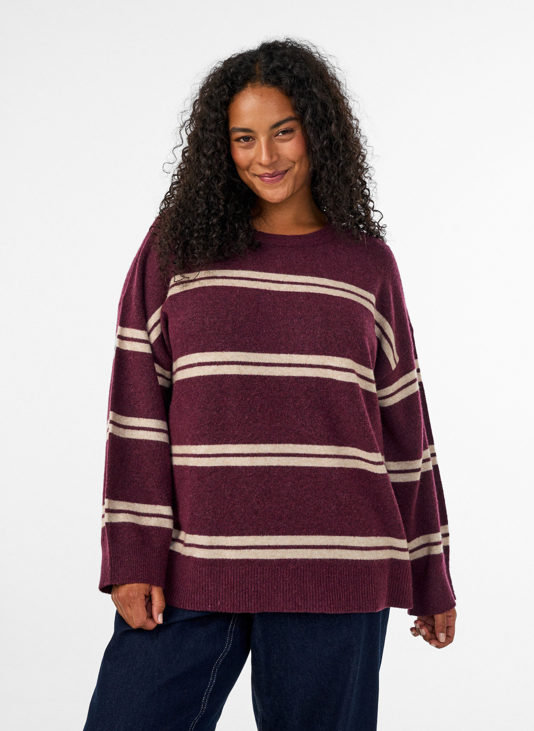 Strikbluse med dobbelte kontraststriber, R&oslash;d, Model