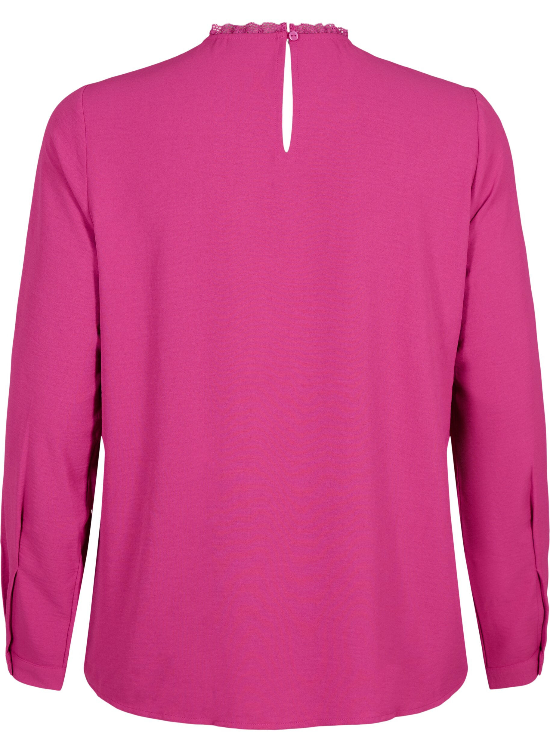Zizzi Bluse med lange &aelig;rmer og blondedetalje, Festival Fuchsia, Packshot image number 1