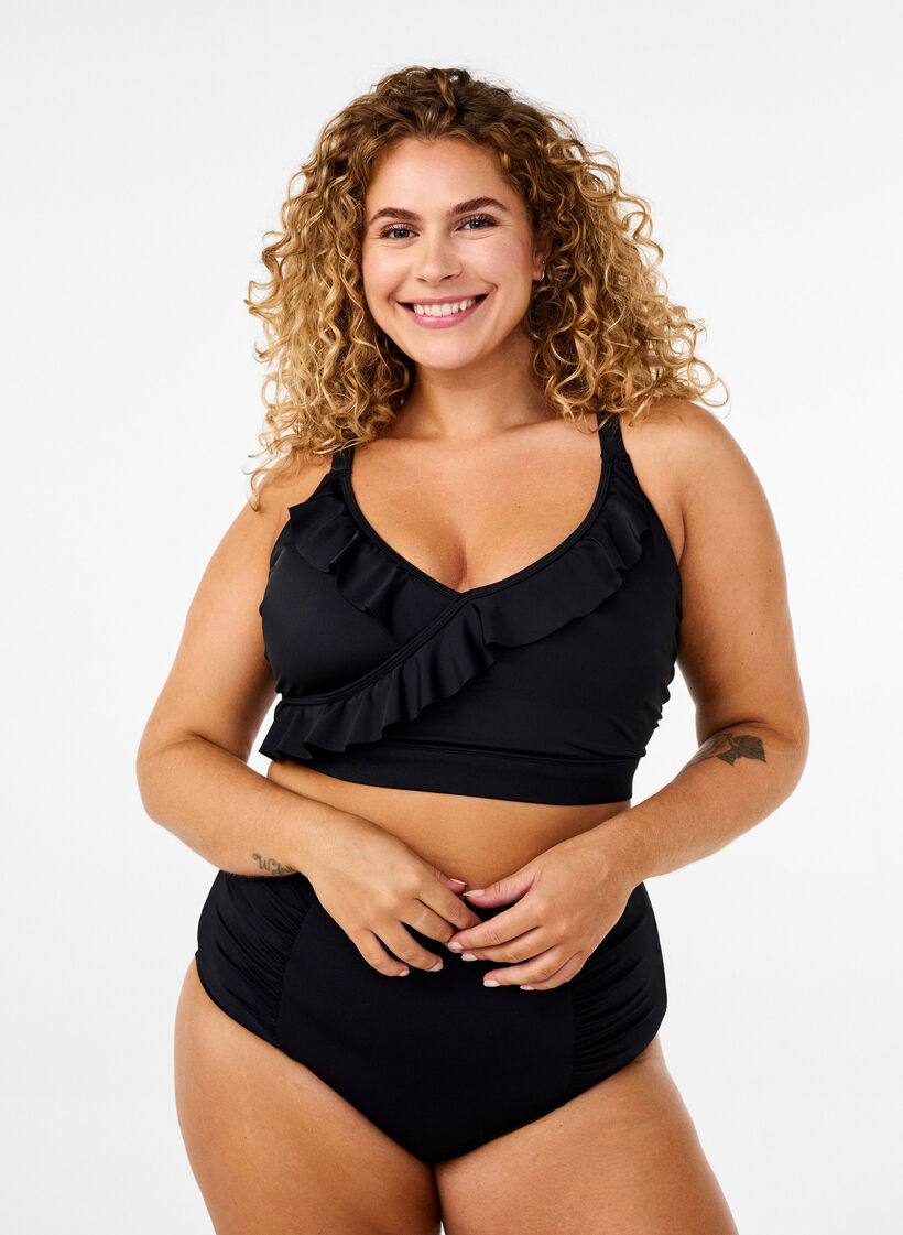 Bikini top med flæser og udtagelig indlæg, Sort, Model image number 1