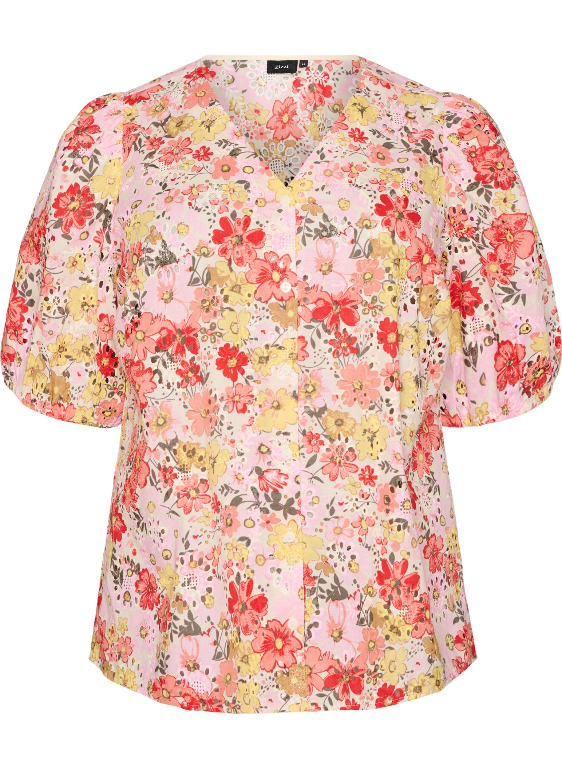 ZizziBlomstret bluse med hulm&oslash;nster og V-udsk&aelig;ring, Lyser&oslash;d, Packshot image number 0