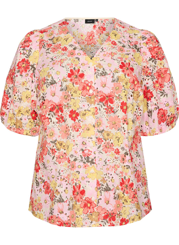 Blomstret bluse med hulm&oslash;nster og V-udsk&aelig;ring, Lyser&oslash;d, Packshot image number 0