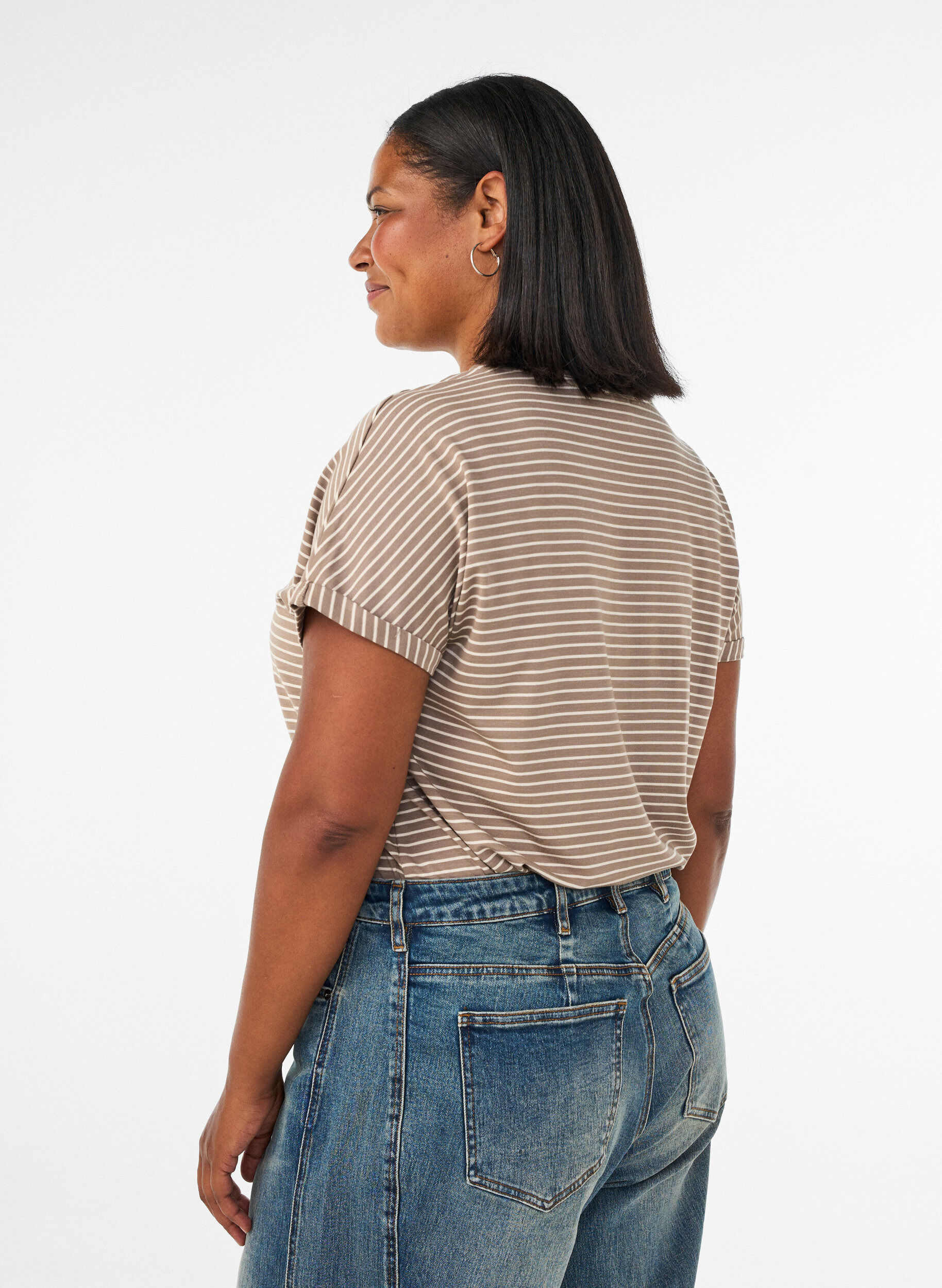 ZizziStribet T-shirt i viskose med rund hals, Beige, Model image number 2