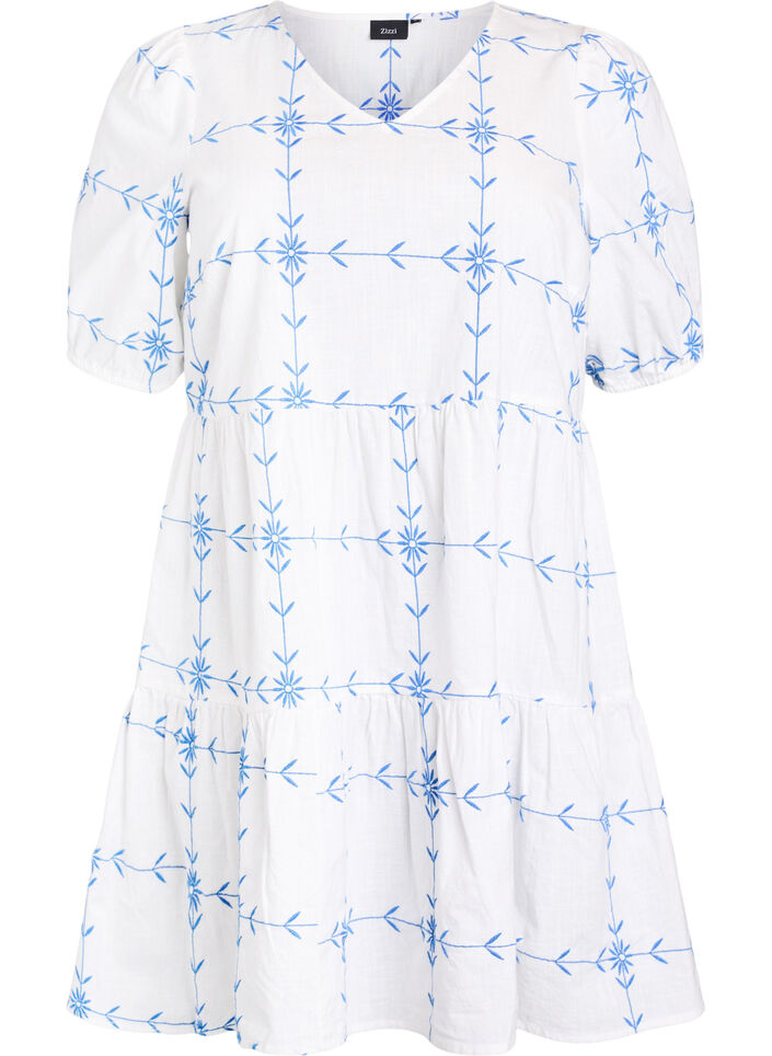 Kort kjole med V-hals og broderi, Hvid, Packshot image number 0