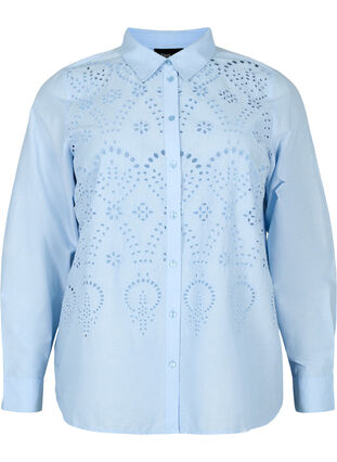 Skjorte i bomuld med broderi anglaise, Chambray Blue, Packshot image number 0
