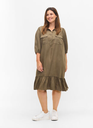 Kjole med flæsekant og 3/4 ærmer, Dusty Olive, Model image number 2