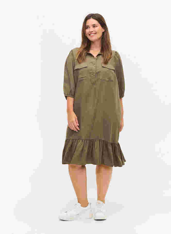 Kjole med flæsekant og 3/4 ærmer, Dusty Olive, Model image number 2