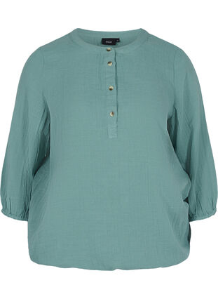 Bomulds bluse med knapper og 3/4 ærmer, Sagebrush Green, Packshot image number 0