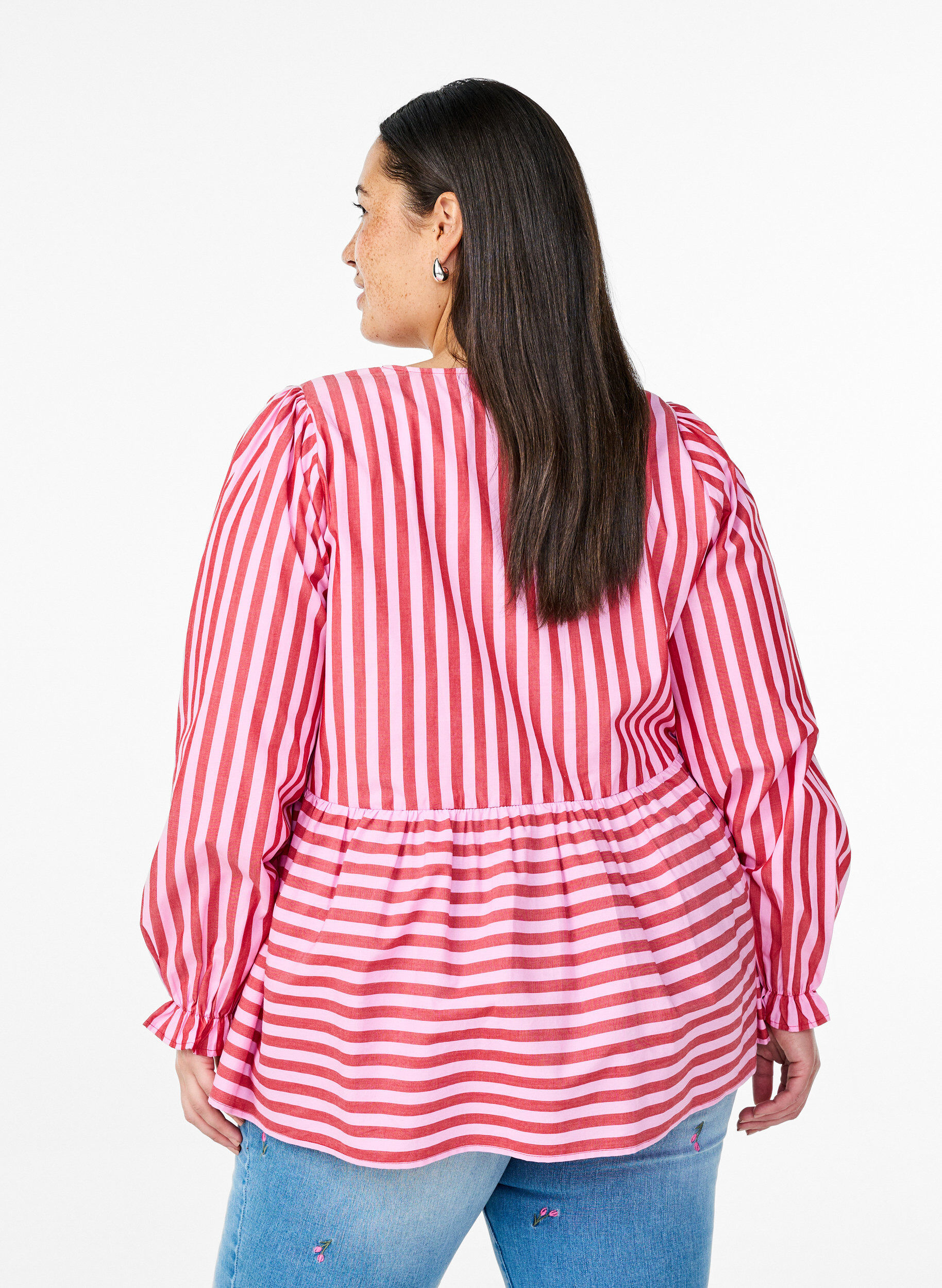 Zizzi Bluse med striber og sl&oslash;jfer, R&oslash;d, Model image number 2