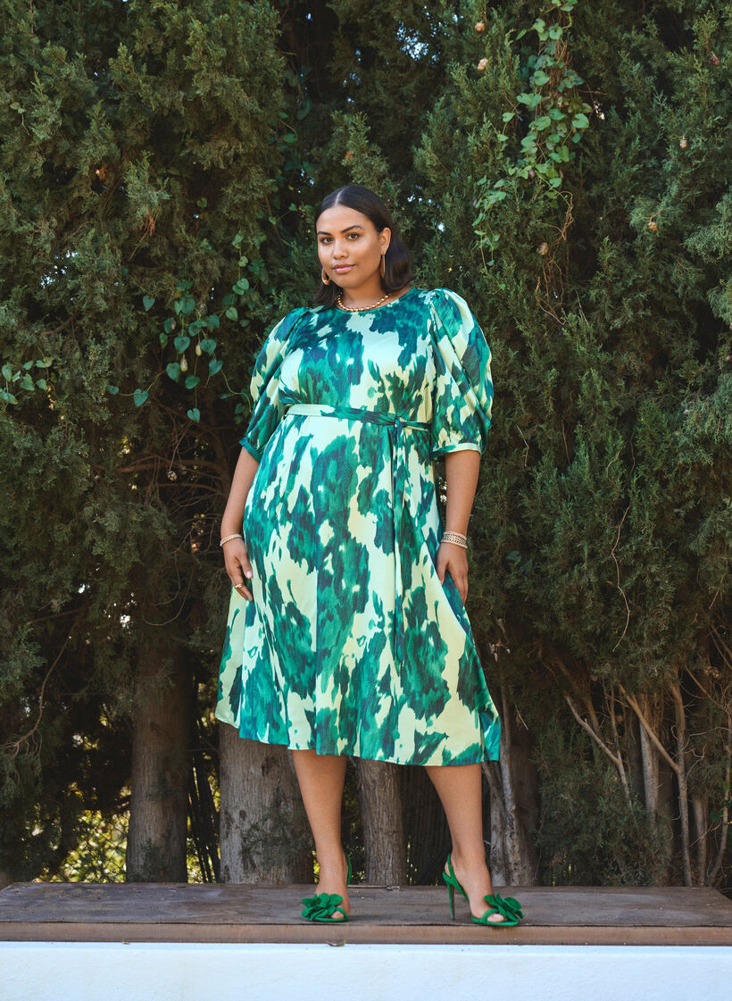 Kortærmet festkjole med bindebånd, Grøn, Image image number 0