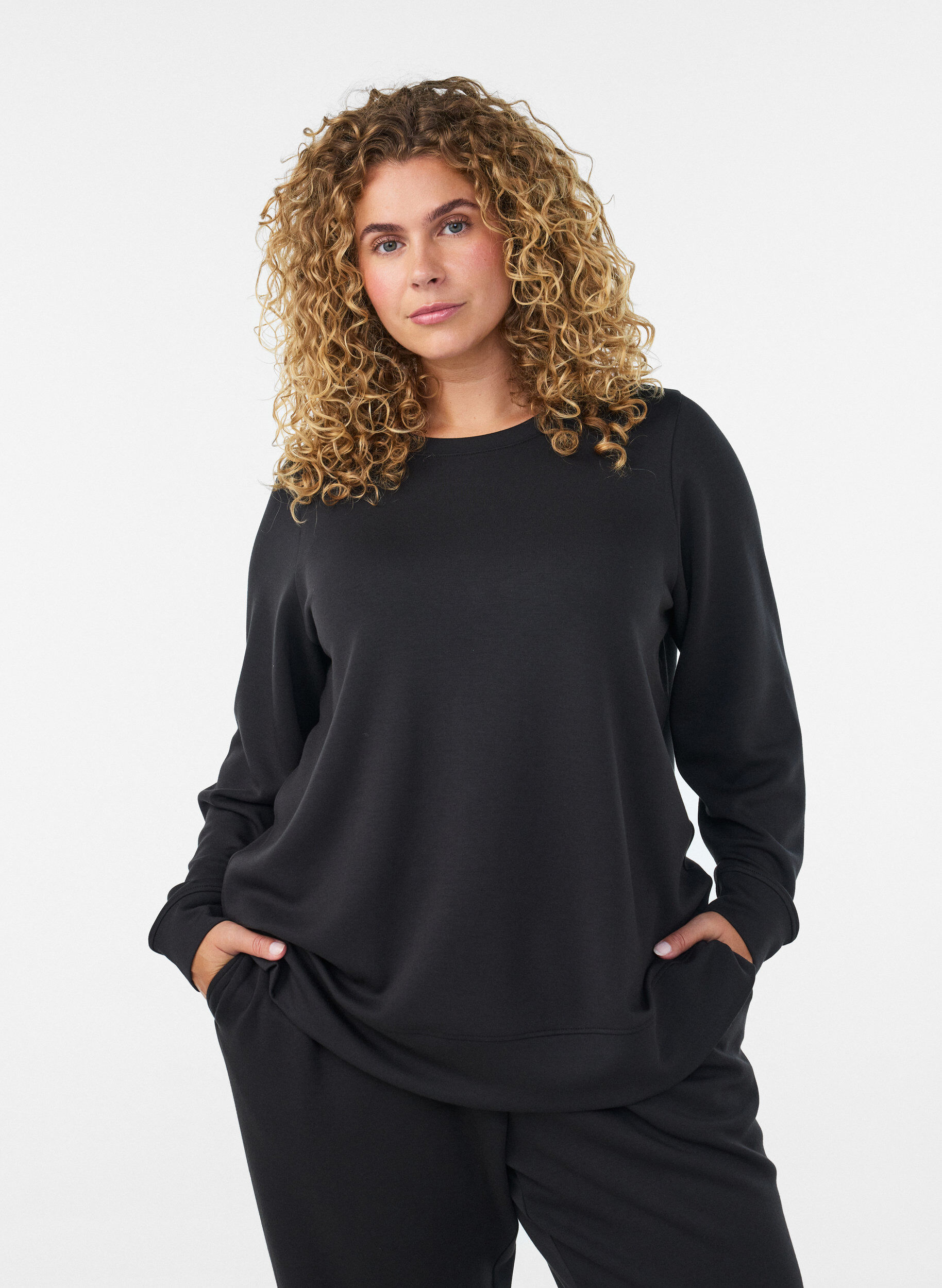 ZizziLang&aelig;rmet jerseybluse med rund hals, Sort, Model image number 0