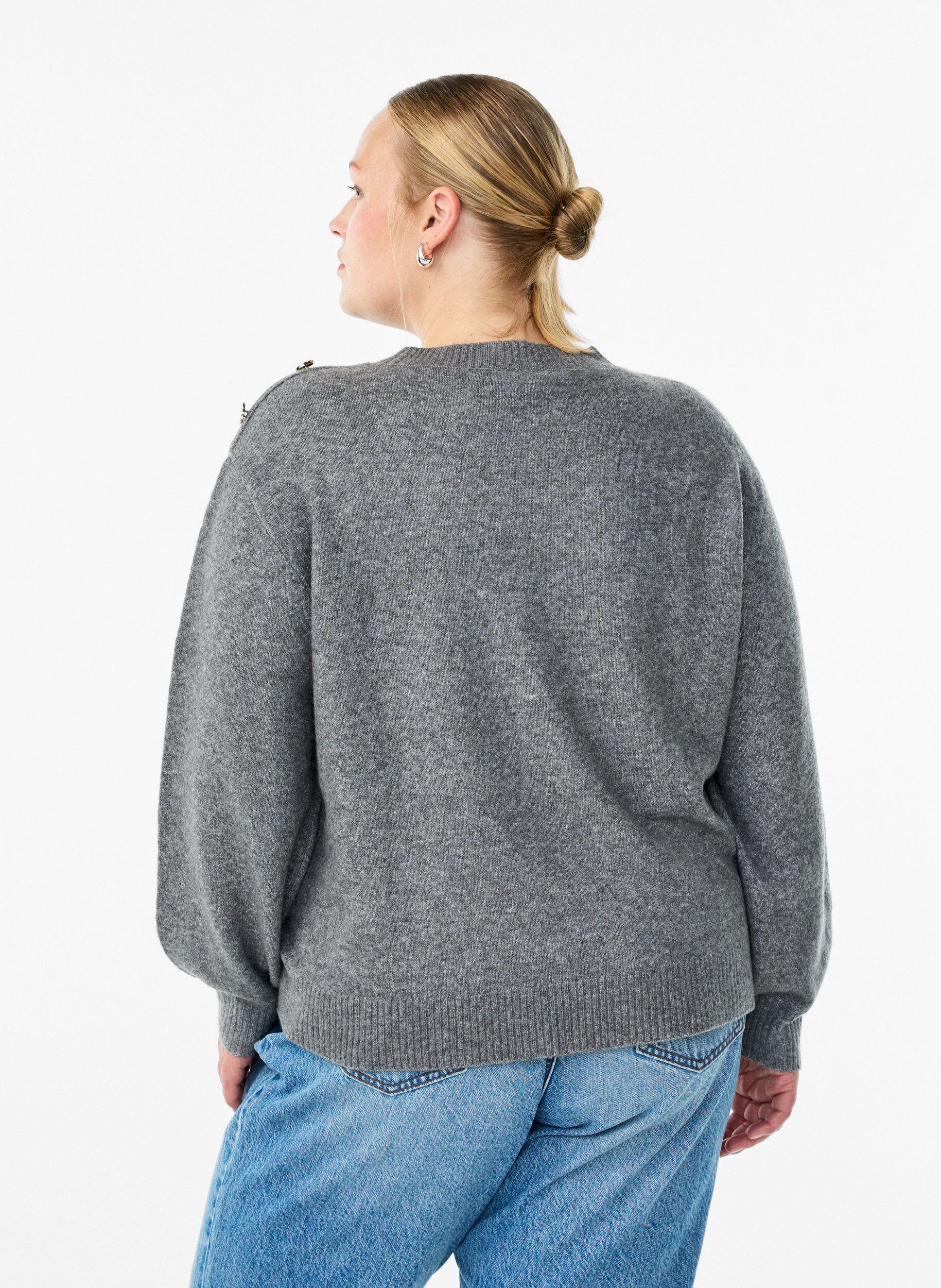 ZizziStrikbluse med knapdetalje, Gr&aring;, Model image number 2