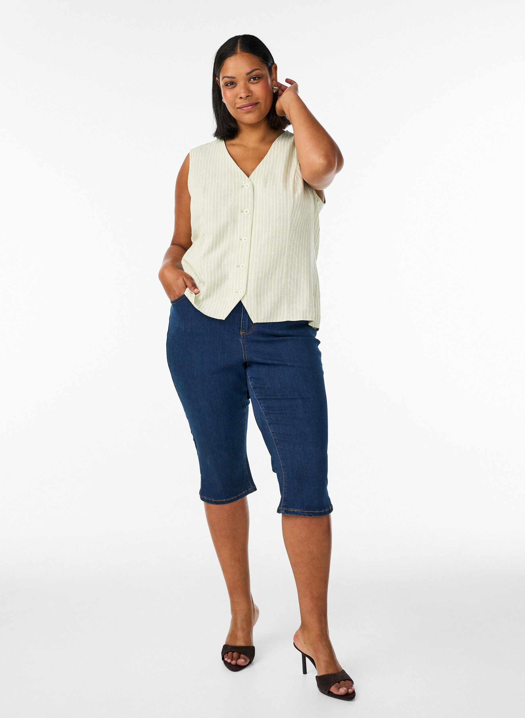ZizziStribet vest i h&oslash;r og viskose, Gr&oslash;n, Model image number 1