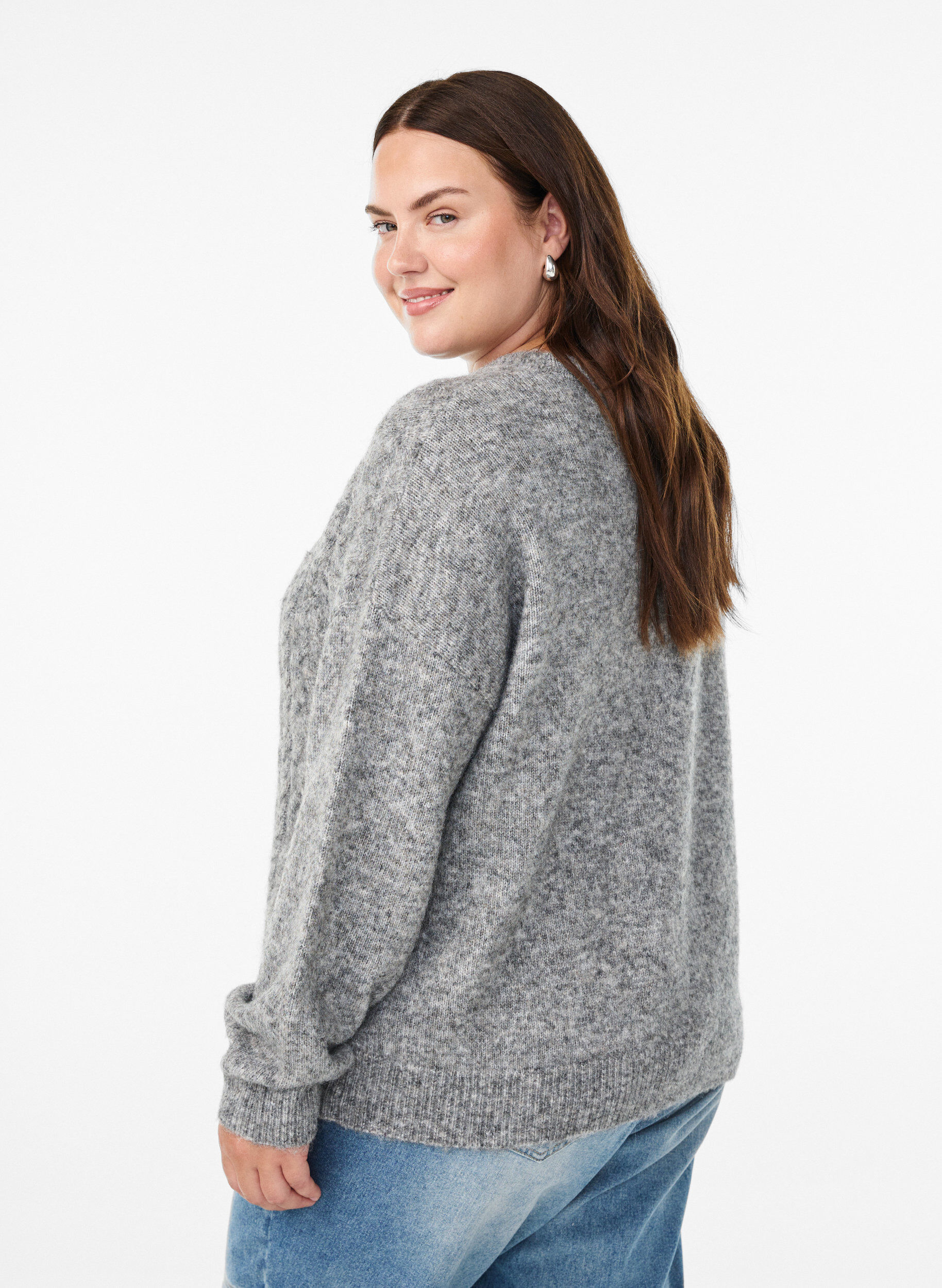 Zizzi Strikbluse med kabelstrikm&oslash;nster, Gr&aring;, Model image number 2