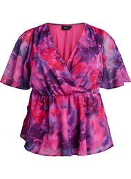 Blomstret chiffonbluse med korte &aelig;rmer, R&oslash;d