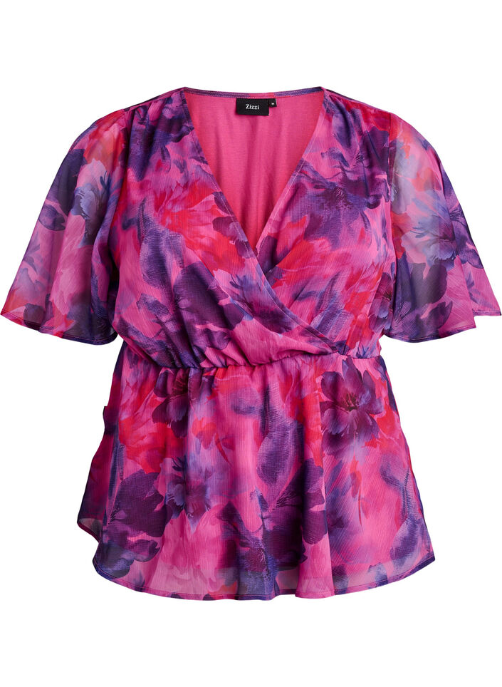 Blomstret chiffonbluse med korte &aelig;rmer, R&oslash;d, Packshot image number 0