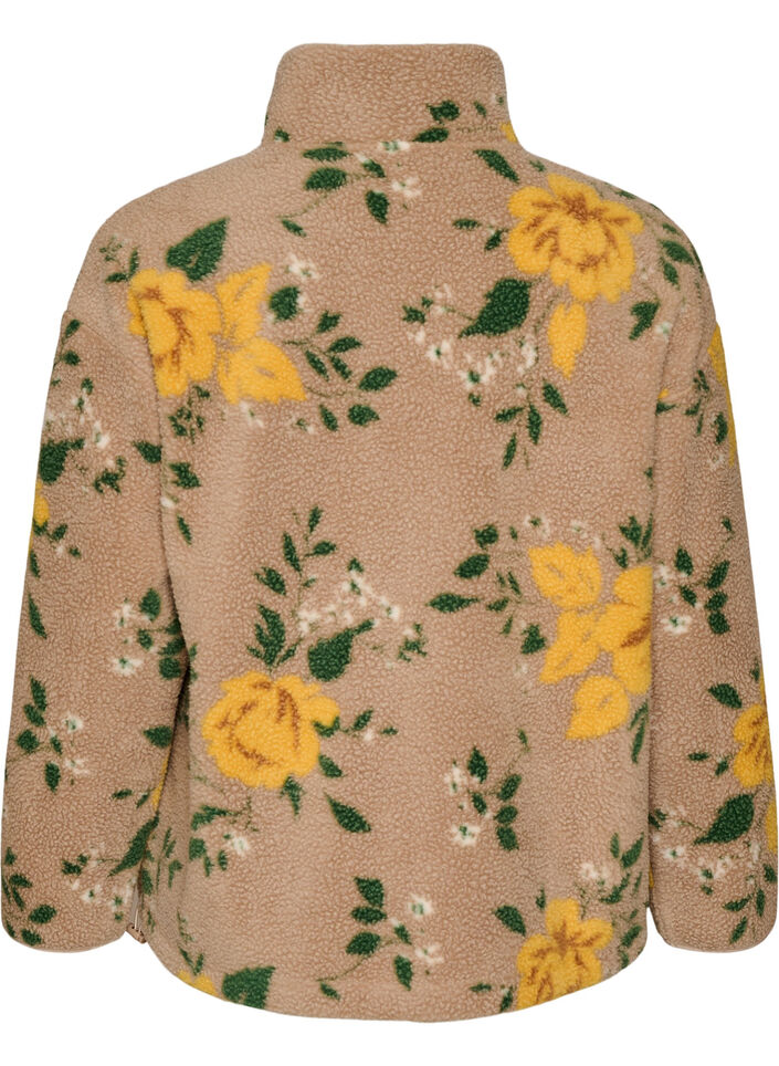Blomstret fleecejakke med h&oslash;j hals og lynl&aring;s, Beige, Packshot image number 1