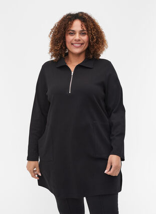 Bomulds tunika med lynlås og lommer, Black, Model image number 0