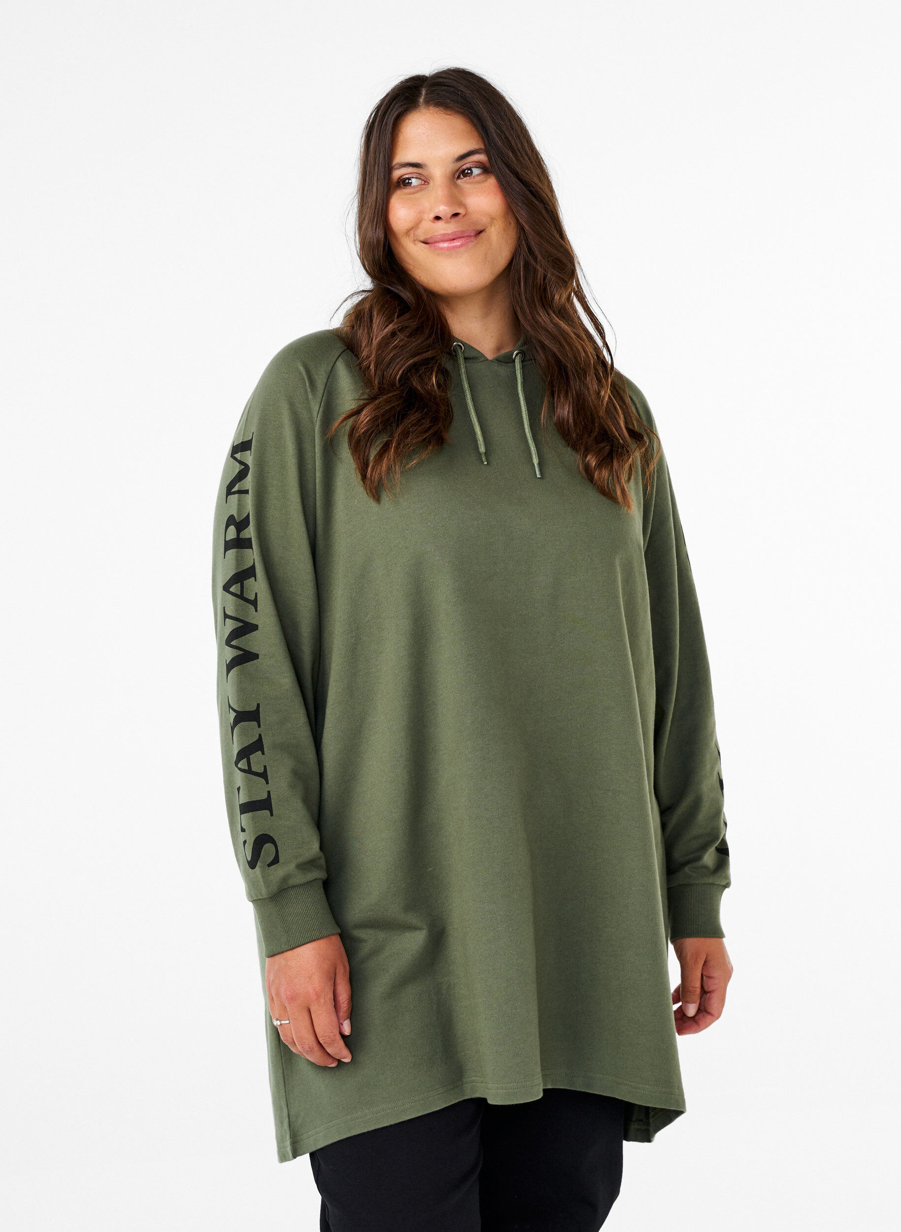 Zizzi Oversize sweat med print p&aring; &aelig;rmerne, Thyme w. Black, Model image number 0