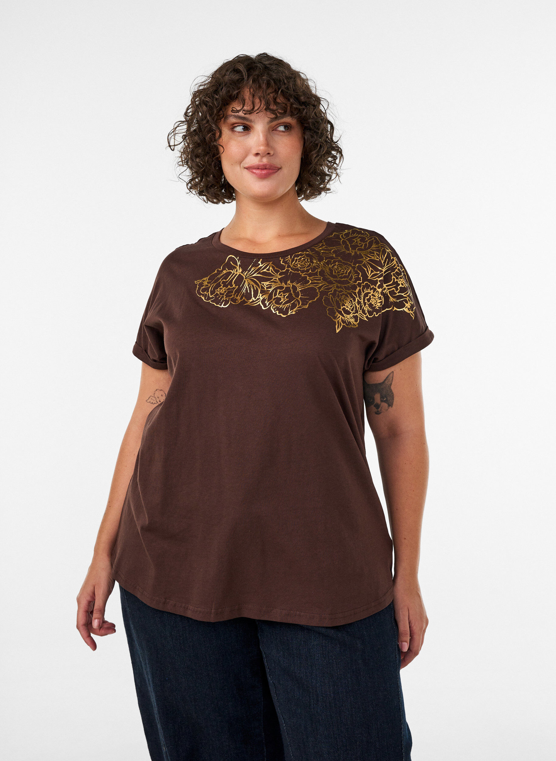 ZizziT-shirt i bomuld med blomstermotiv, Brun, Model image number 0