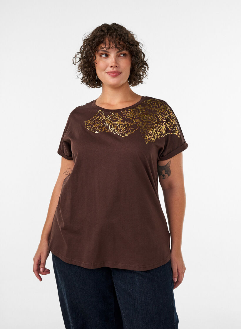 T-shirt i bomuld med blomstermotiv, Brun, Model image number 0