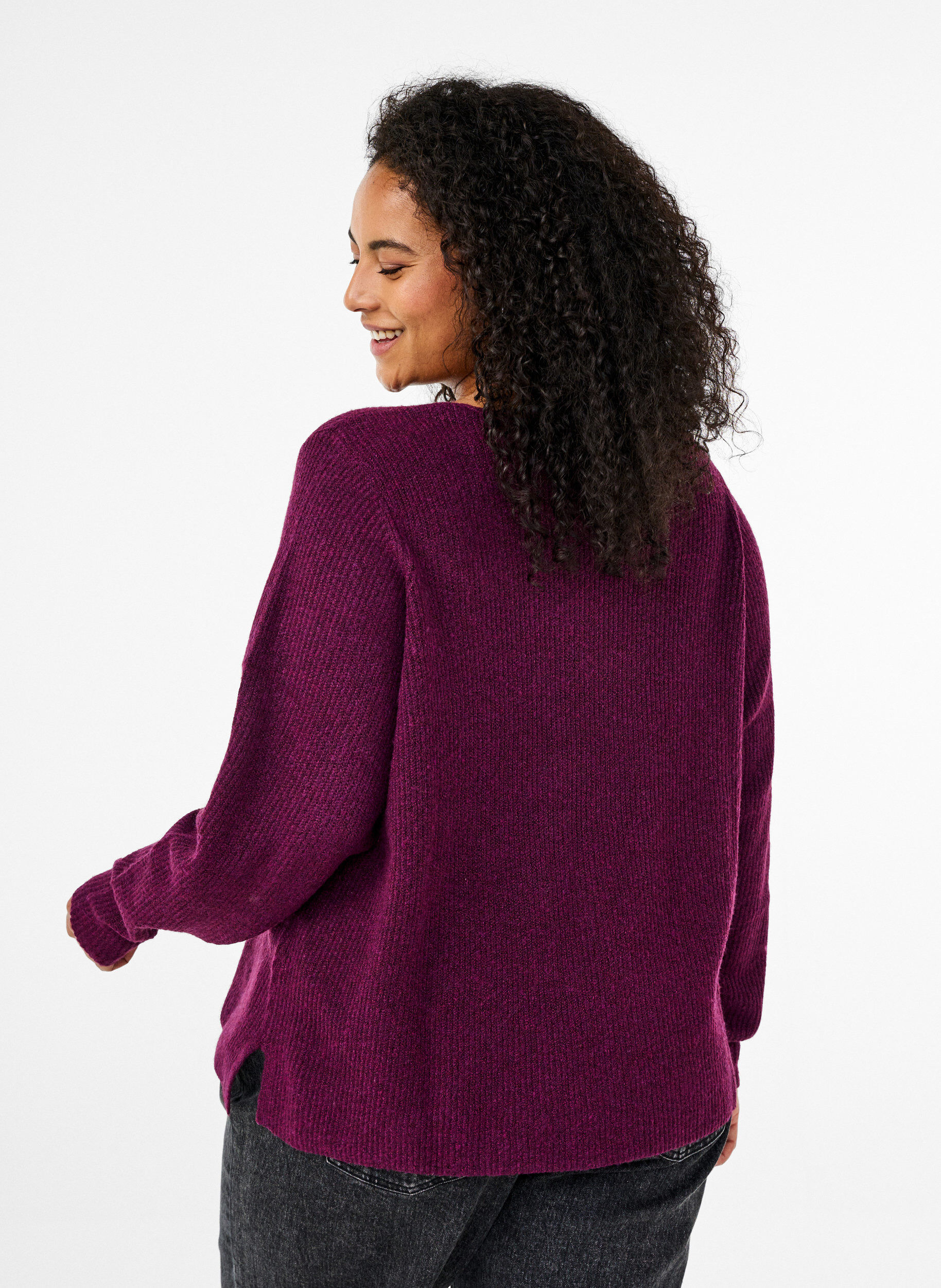 Zizzi Strikbluse med v-hals og lange &aelig;rmer, Potent P. Black Mel., Model image number 1