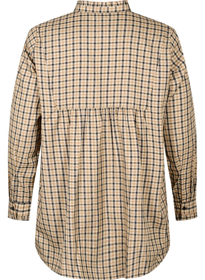 Ternet skjortebluse med flæser, Brown Check, Packshot