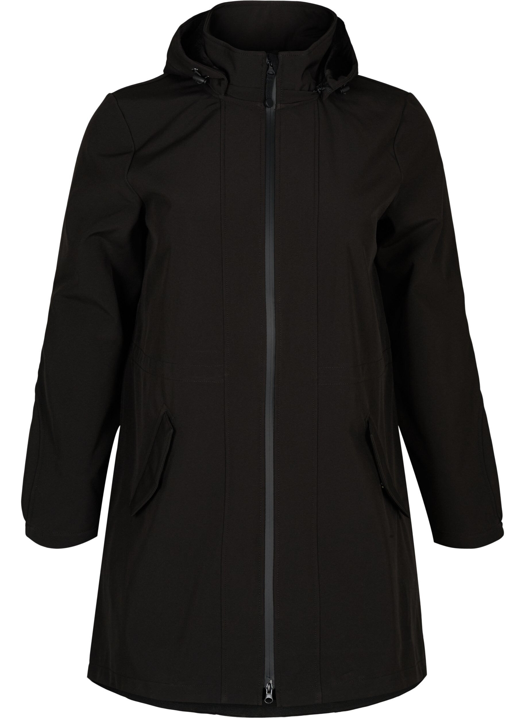 Zizzi Softshell jakke med h&aelig;tte, Black solid, Packshot image number 0