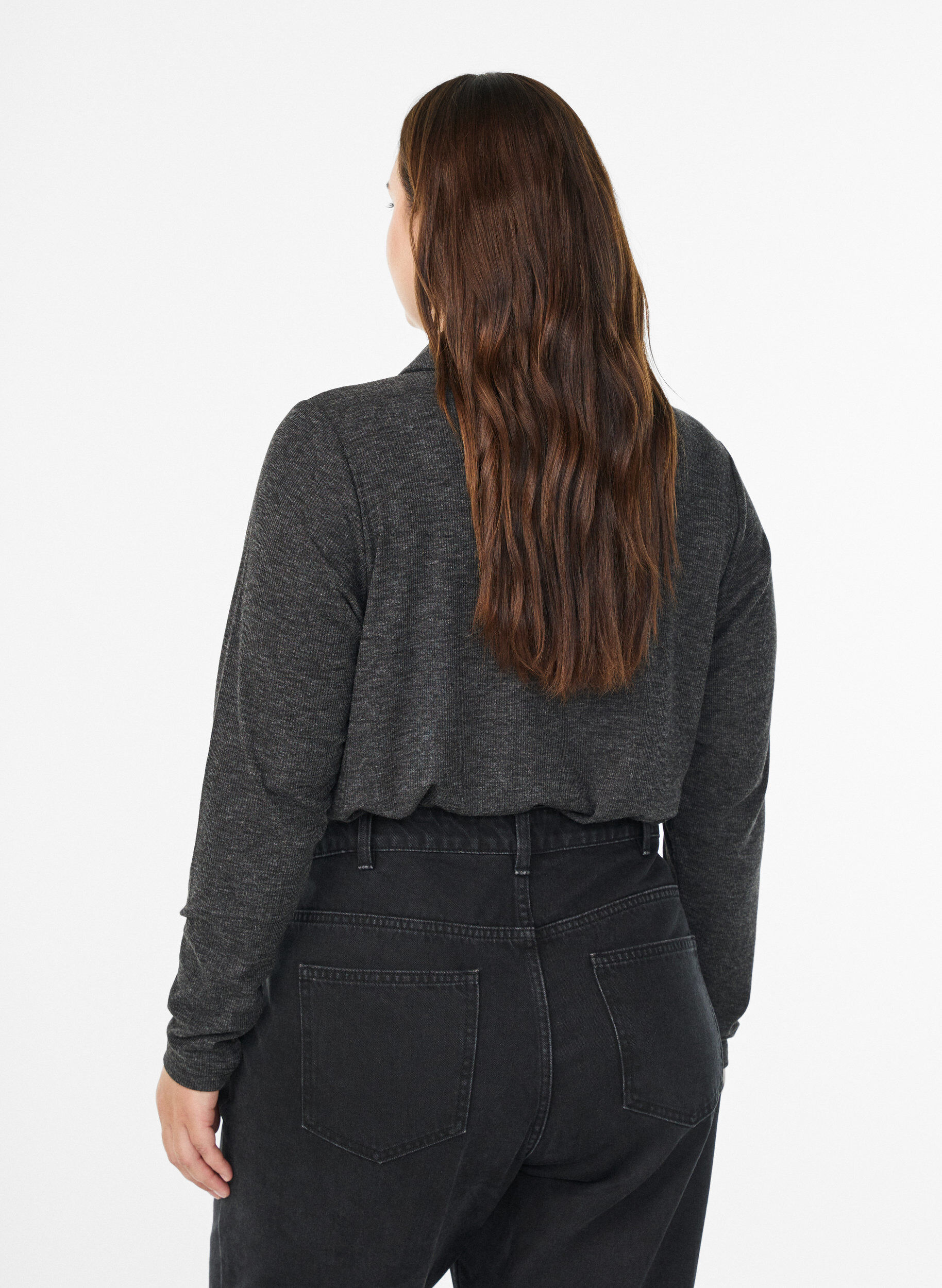 Zizzi Lang&aelig;rmet polo i str&aelig;kbar ribkvalitet, Gr&aring;, Model image number 2