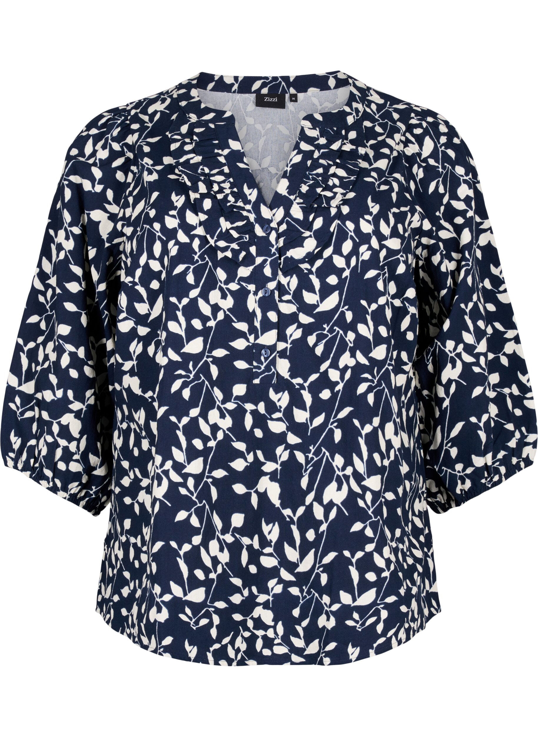Zizzi 3/4 &aelig;rmet bluse i bomuld med print, Navy Blazer Leaf, Packshot image number 0