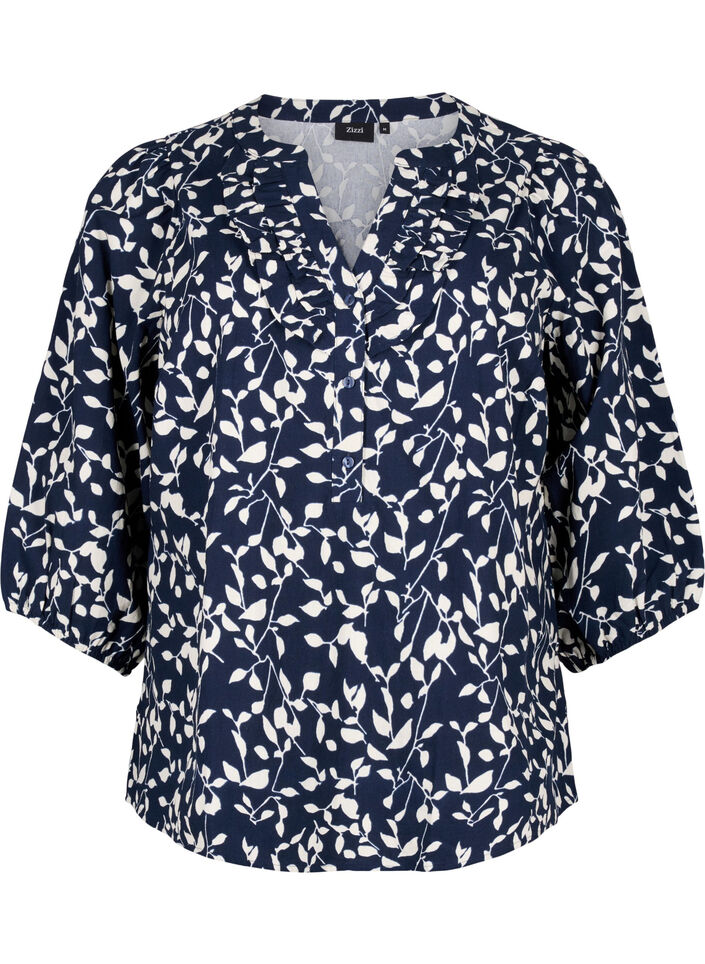 3/4 &aelig;rmet bluse i bomuld med print, Navy Blazer Leaf, Packshot image number 0