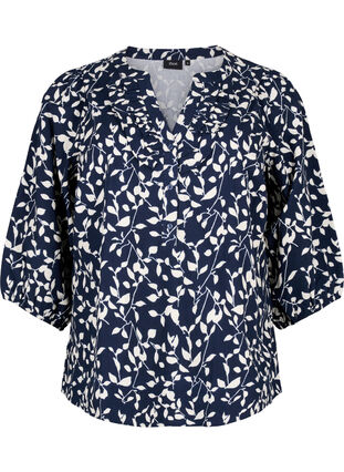 3/4 ærmet bluse i bomuld med print, Navy Blazer Leaf, Packshot image number 0