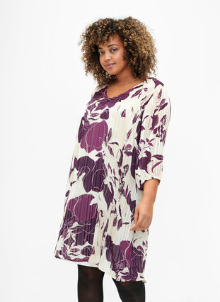 Printet kjole med v-hals og 3/4 ærmer, D.Purple Graphic AOP, Model image number 0