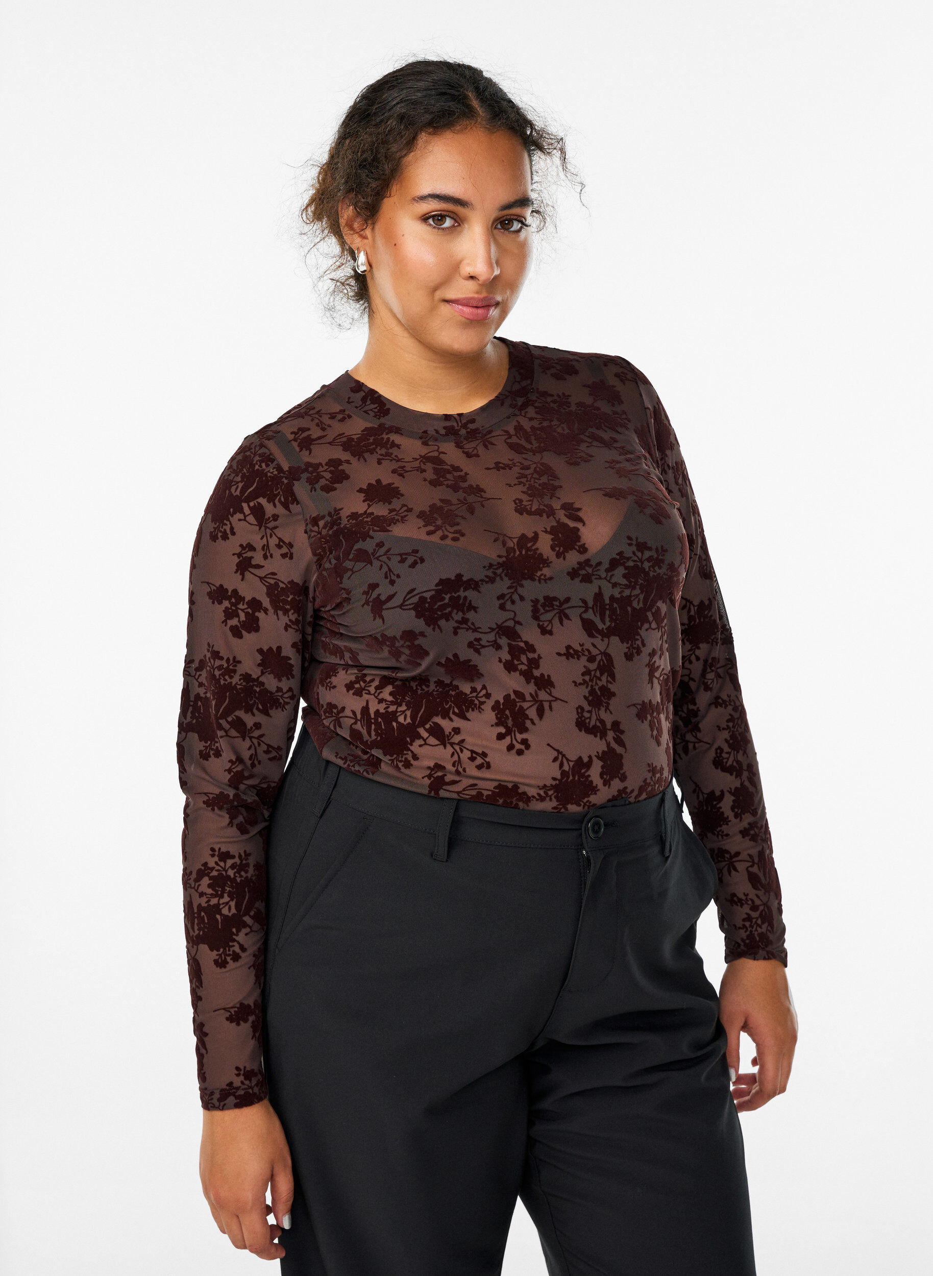 Zizzi Meshbluse med blomsterm&oslash;nster, Brun, Model image number 0