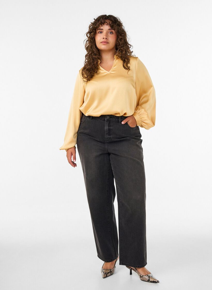 Bluse med skjortekrave og V-hals, Gul, Model image number 1