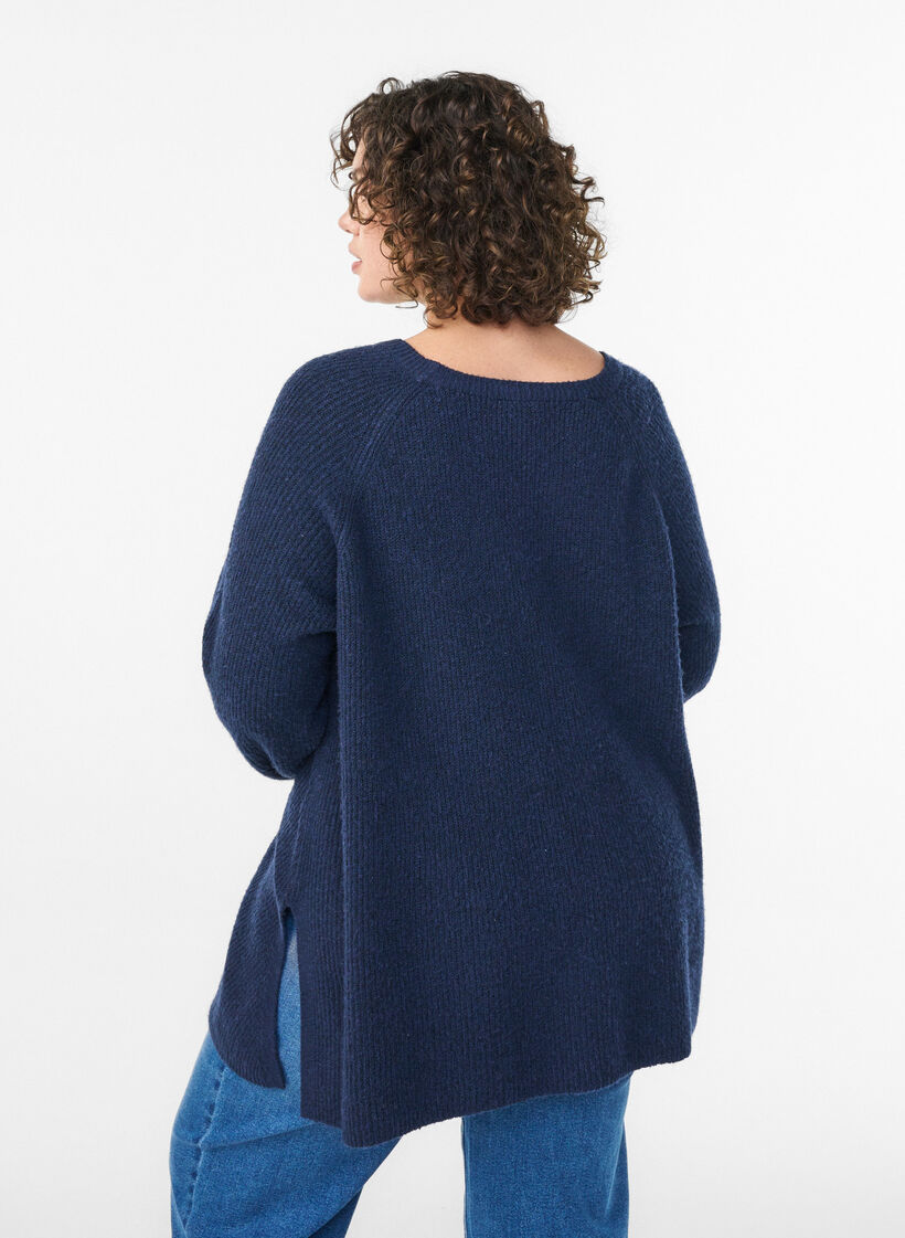 Strikbluse med diagonalt m&oslash;nster og raglan&aelig;rmer, Bl&aring;, Model image number 2
