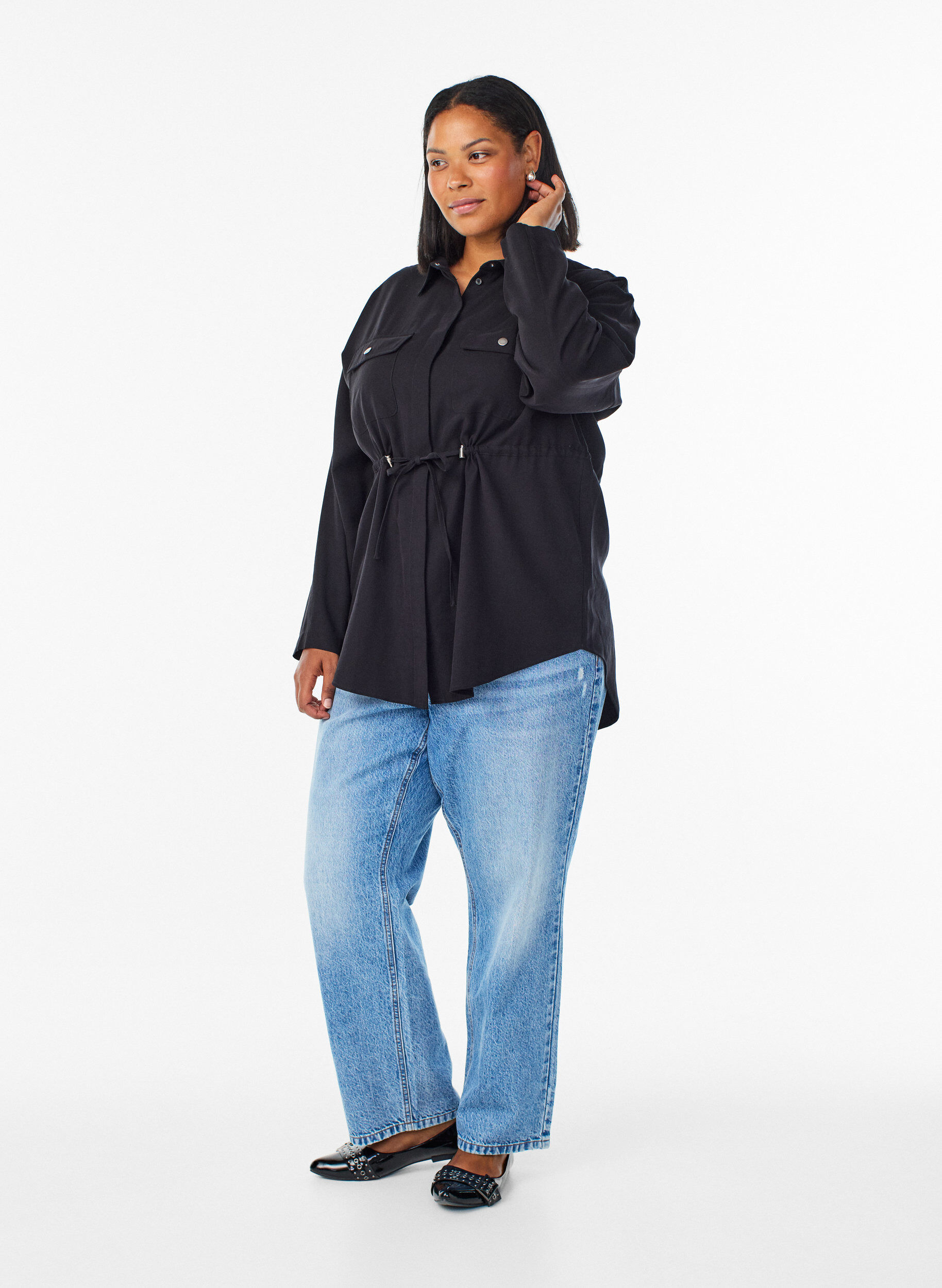 Zizzi Tunika med brystlommer og justerbar talje, Sort, Model image number 1